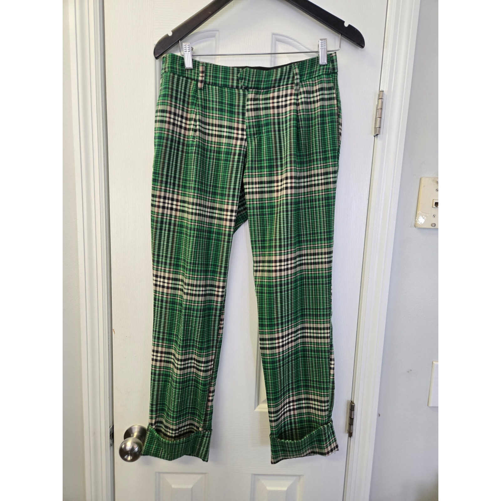 Free People Green Plaid Cuffed Straight Leg Trousers High Rise Size 0